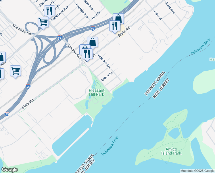 map of restaurants, bars, coffee shops, grocery stores, and more near 5223 Linden Avenue in Philadelphia