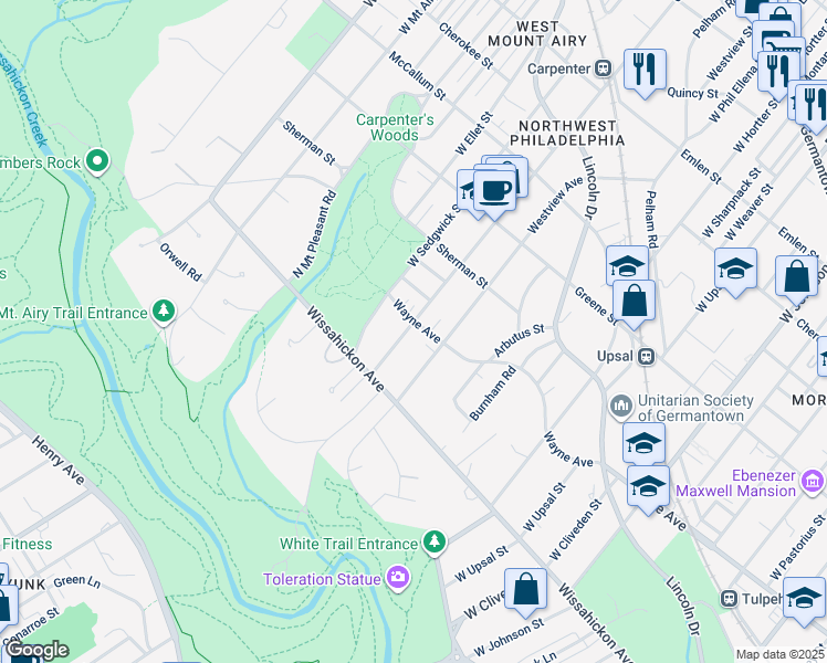 map of restaurants, bars, coffee shops, grocery stores, and more near 6834 Wayne Avenue in Philadelphia