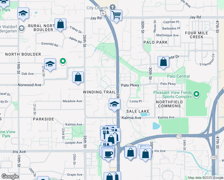 map of restaurants, bars, coffee shops, grocery stores, and more near 3775 Birchwood Drive in Boulder
