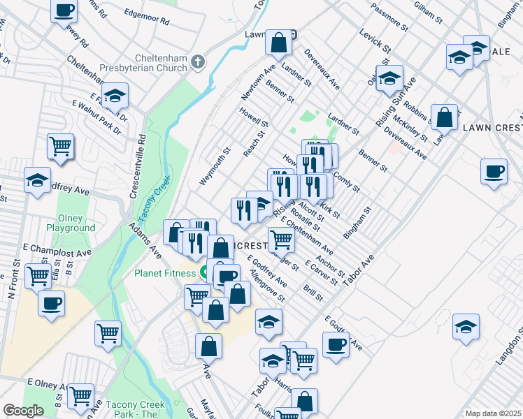 map of restaurants, bars, coffee shops, grocery stores, and more near 434 East Cheltenham Avenue in Philadelphia