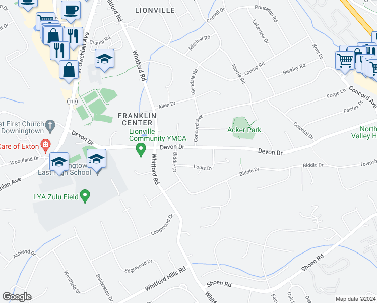 map of restaurants, bars, coffee shops, grocery stores, and more near 206 Devon Drive in Exton