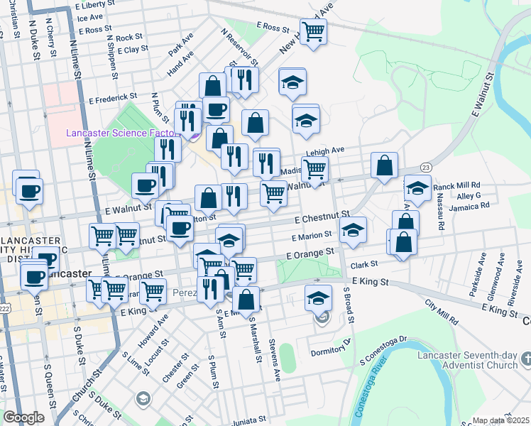 map of restaurants, bars, coffee shops, grocery stores, and more near 220 North Franklin Street in Lancaster