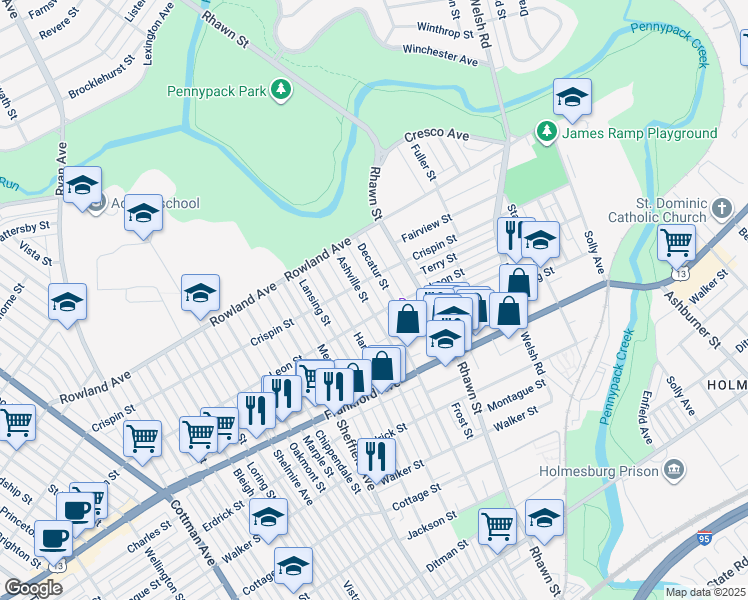 map of restaurants, bars, coffee shops, grocery stores, and more near 3425 Ashville Street in Philadelphia