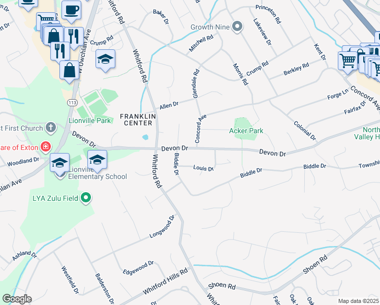 map of restaurants, bars, coffee shops, grocery stores, and more near 206 Devon Drive in Exton