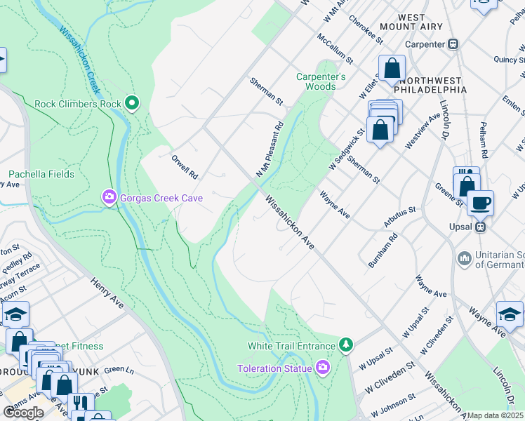 map of restaurants, bars, coffee shops, grocery stores, and more near 7004 Wissahickon Avenue in Philadelphia