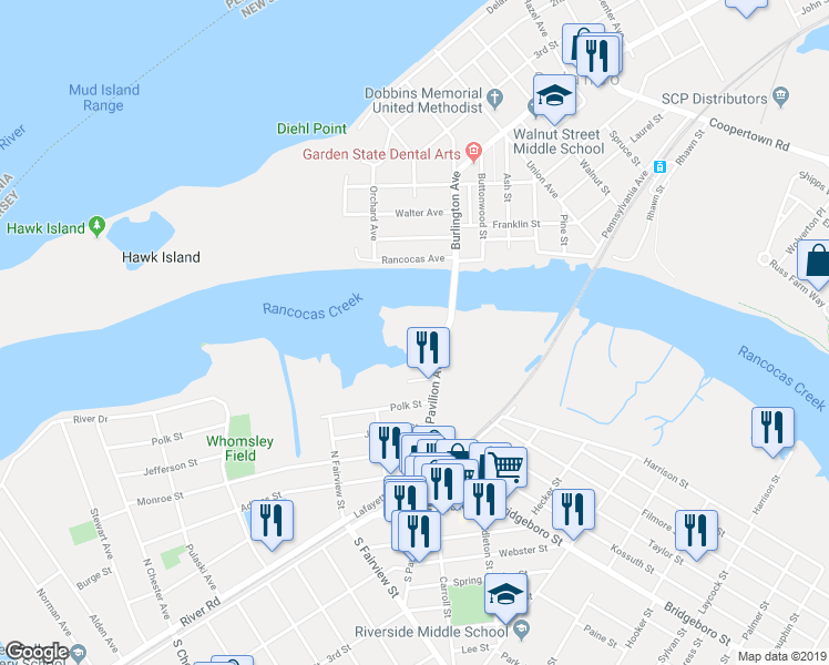map of restaurants, bars, coffee shops, grocery stores, and more near 580 North Pavilion Avenue in Riverside