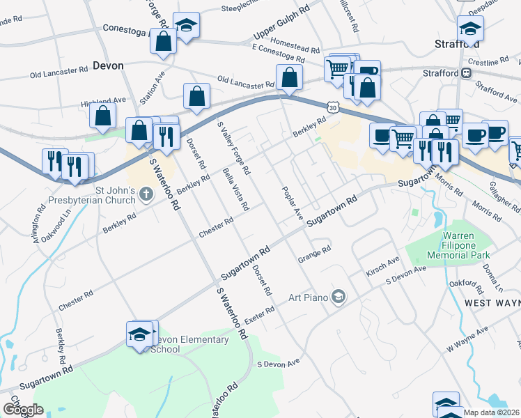 map of restaurants, bars, coffee shops, grocery stores, and more near 307 Dorset Road in Devon