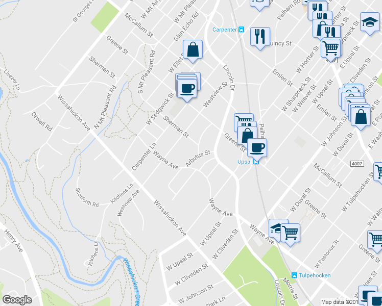 map of restaurants, bars, coffee shops, grocery stores, and more near 525 Arbutus Street in Philadelphia