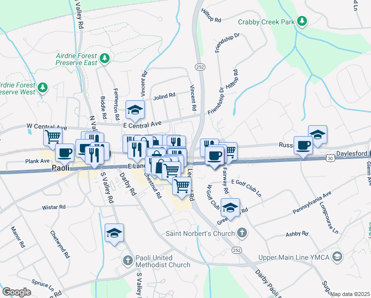 map of restaurants, bars, coffee shops, grocery stores, and more near 506 Paoli Pointe Drive in Paoli