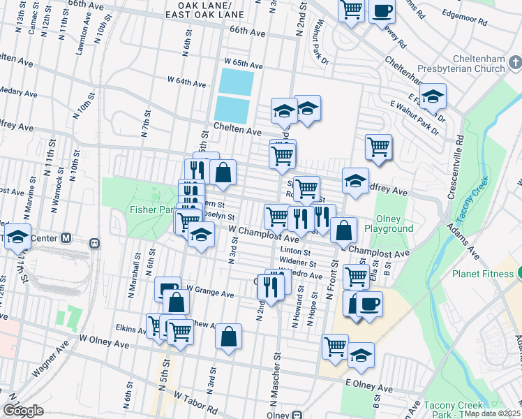 map of restaurants, bars, coffee shops, grocery stores, and more near 6050 North Philip Street in Philadelphia