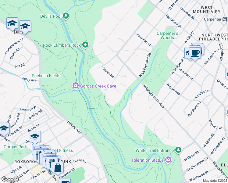 map of restaurants, bars, coffee shops, grocery stores, and more near 7144 Mount Airy Terrace in Philadelphia