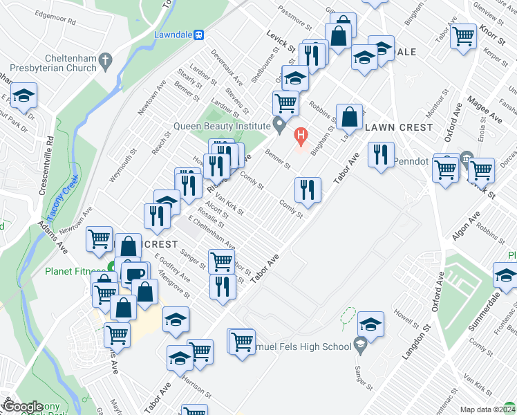 map of restaurants, bars, coffee shops, grocery stores, and more near 5930 Elsinore Street in Philadelphia