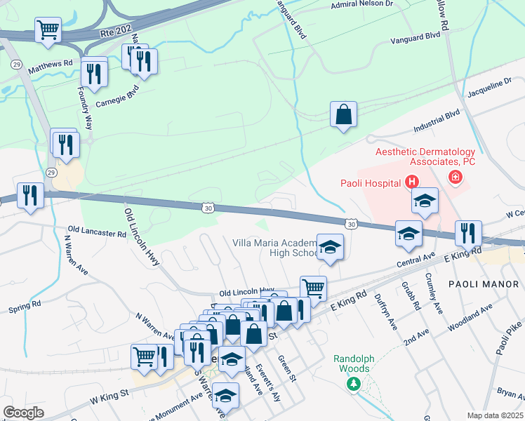 map of restaurants, bars, coffee shops, grocery stores, and more near 311 West Lancaster Avenue in Malvern