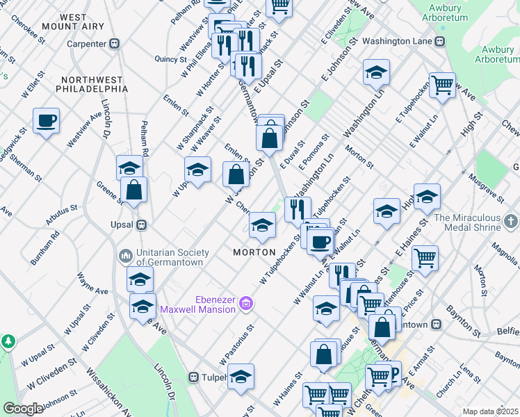 map of restaurants, bars, coffee shops, grocery stores, and more near 47 West Pomona Street in Philadelphia