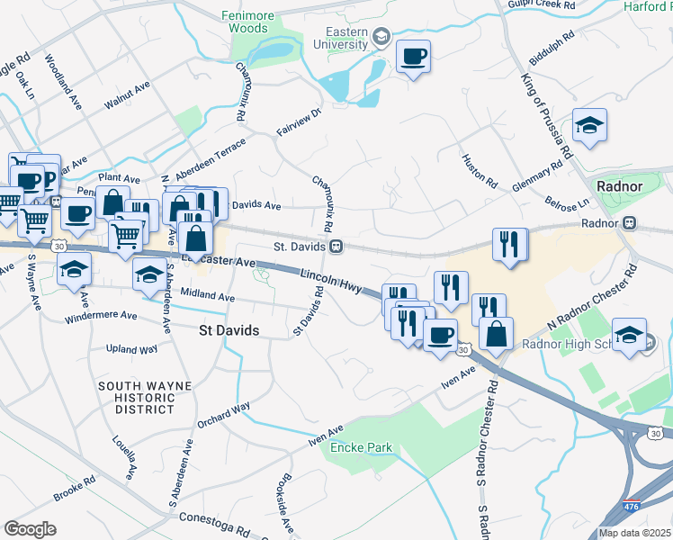 map of restaurants, bars, coffee shops, grocery stores, and more near 505 East Lancaster Avenue in Saint Davids