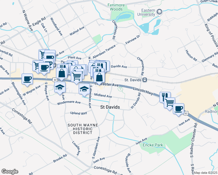 map of restaurants, bars, coffee shops, grocery stores, and more near 330 Lancaster Avenue in Wayne