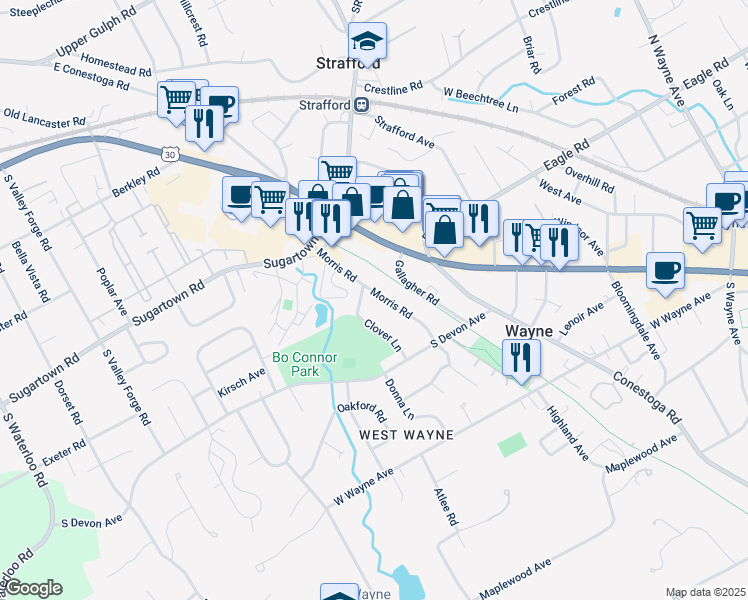 map of restaurants, bars, coffee shops, grocery stores, and more near 383 Morris Road in Wayne