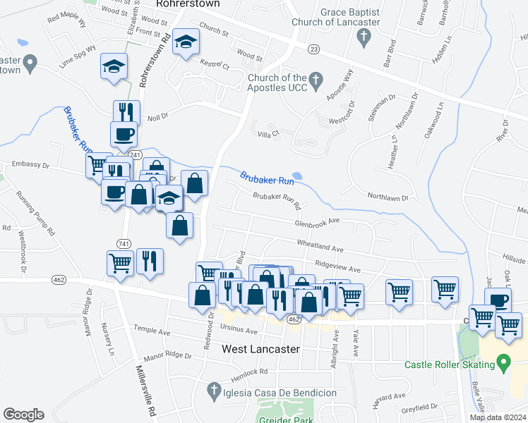 map of restaurants, bars, coffee shops, grocery stores, and more near 1827 Glenbrook Avenue in Lancaster