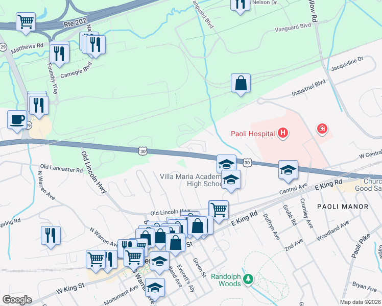 map of restaurants, bars, coffee shops, grocery stores, and more near 311 East Lancaster Avenue in Malvern