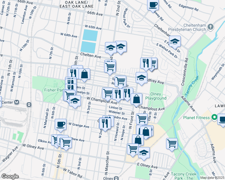 map of restaurants, bars, coffee shops, grocery stores, and more near 180 West Spencer Street in Philadelphia
