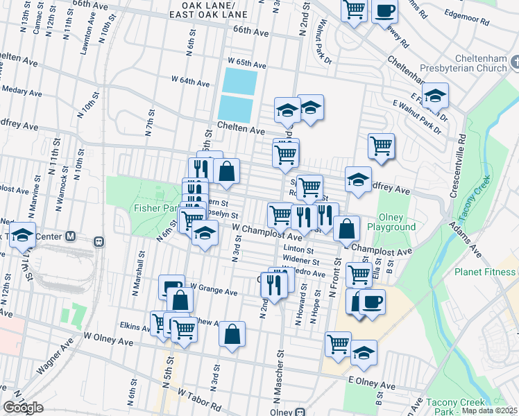 map of restaurants, bars, coffee shops, grocery stores, and more near 6049 North American Street in Philadelphia