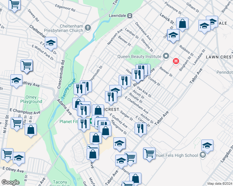 map of restaurants, bars, coffee shops, grocery stores, and more near 434 East Cheltenham Avenue in Philadelphia