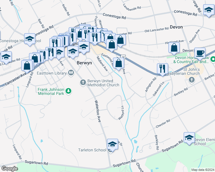 map of restaurants, bars, coffee shops, grocery stores, and more near 525 Midland Avenue in Berwyn