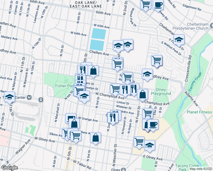 map of restaurants, bars, coffee shops, grocery stores, and more near 6049 North American Street in Philadelphia