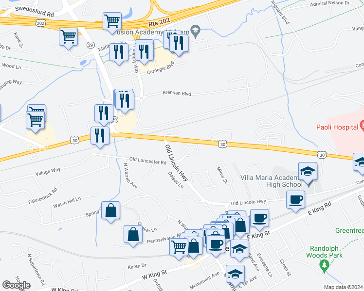 map of restaurants, bars, coffee shops, grocery stores, and more near 155 Weybridge Drive in Malvern