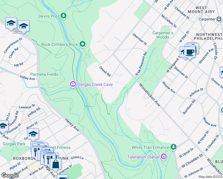 map of restaurants, bars, coffee shops, grocery stores, and more near 7144 Mount Airy Terrace in Philadelphia