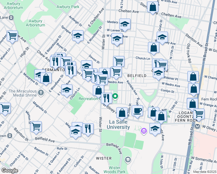 map of restaurants, bars, coffee shops, grocery stores, and more near 2140 West Grange Avenue in Philadelphia