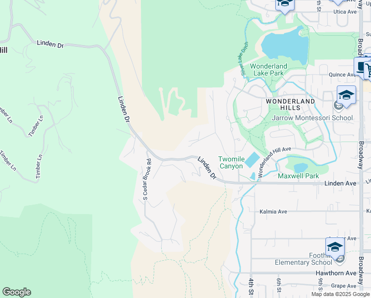 map of restaurants, bars, coffee shops, grocery stores, and more near 225 Linden Drive in Boulder