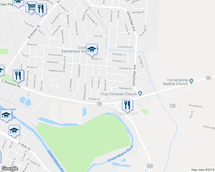 map of restaurants, bars, coffee shops, grocery stores, and more near 1009 Mayfield Drive in Troy