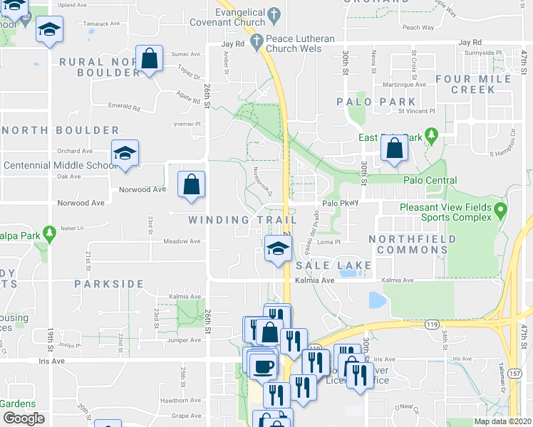 map of restaurants, bars, coffee shops, grocery stores, and more near 3740 Birchwood Drive in Boulder