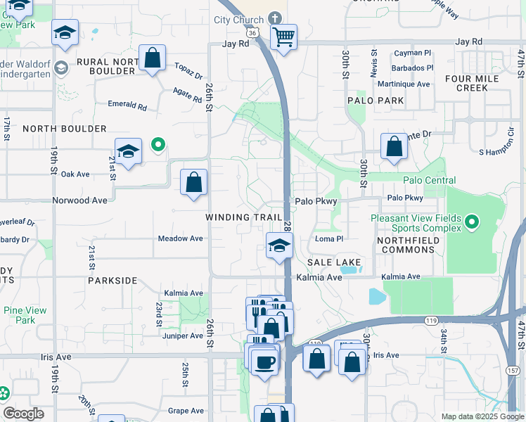 map of restaurants, bars, coffee shops, grocery stores, and more near 3740 Birchwood Drive in Boulder