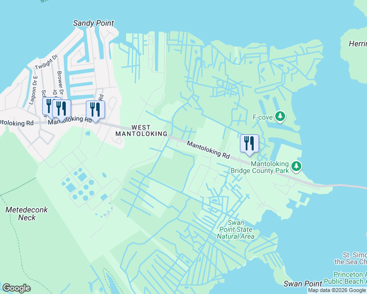map of restaurants, bars, coffee shops, grocery stores, and more near 149 Mantoloking Road in Brick Township