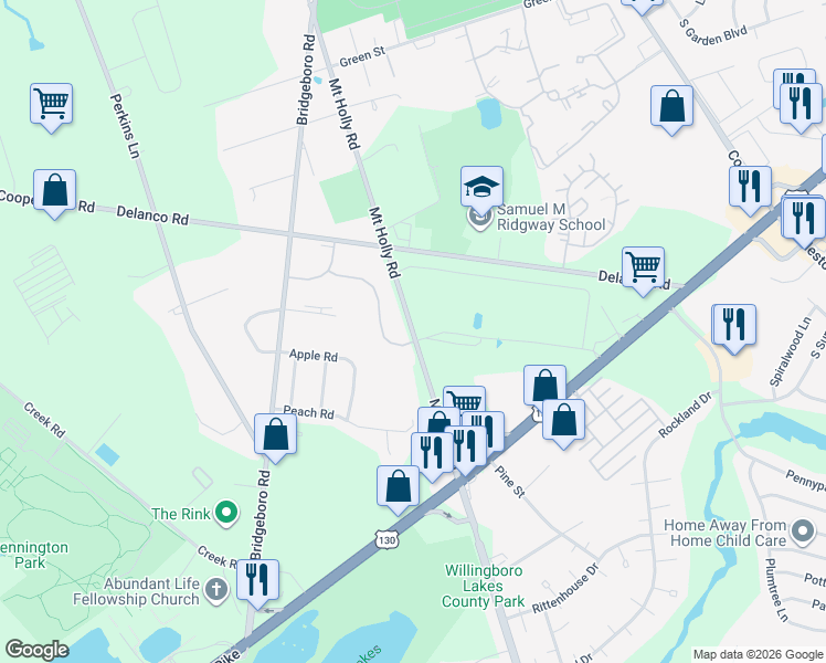 map of restaurants, bars, coffee shops, grocery stores, and more near 1503 Mount Holly Road in Beverly