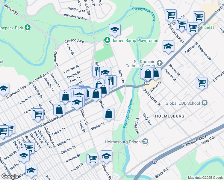 map of restaurants, bars, coffee shops, grocery stores, and more near 8137 Frankford Avenue in Philadelphia