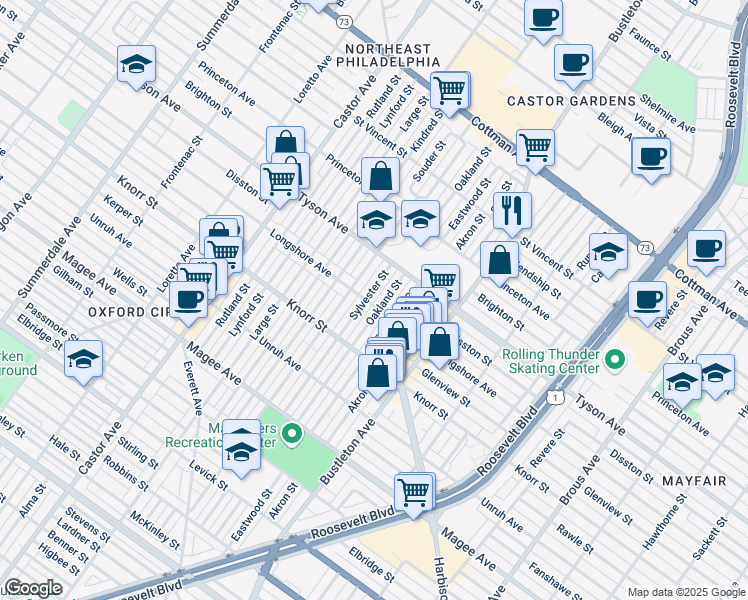 map of restaurants, bars, coffee shops, grocery stores, and more near 6848 Eastwood Street in Philadelphia