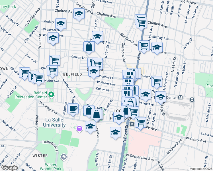 map of restaurants, bars, coffee shops, grocery stores, and more near 1622 West Nedro Avenue in Philadelphia