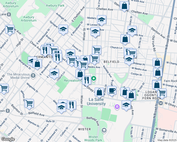 map of restaurants, bars, coffee shops, grocery stores, and more near 2140 West Grange Avenue in Philadelphia