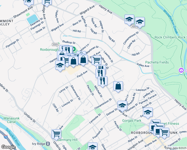 map of restaurants, bars, coffee shops, grocery stores, and more near 6807 Mitchell Street in Philadelphia