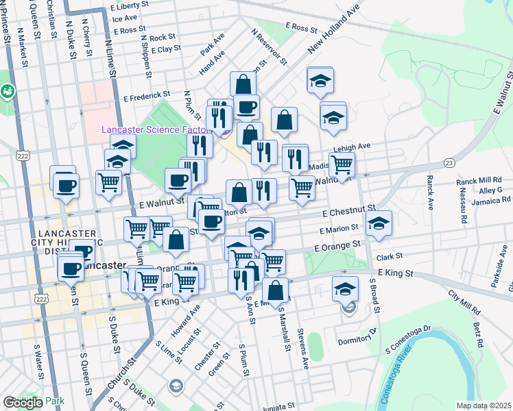 map of restaurants, bars, coffee shops, grocery stores, and more near 531 Pennsylvania 23 in Lancaster