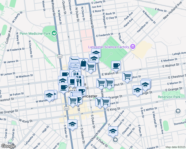 map of restaurants, bars, coffee shops, grocery stores, and more near 237 North Cherry Street in Lancaster