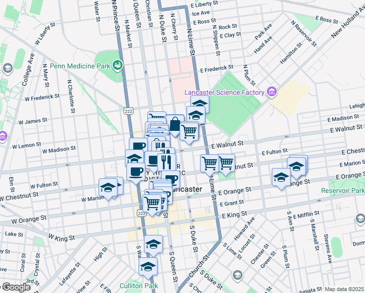 map of restaurants, bars, coffee shops, grocery stores, and more near 38 East Walnut Street in Lancaster