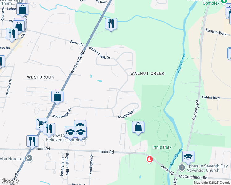 map of restaurants, bars, coffee shops, grocery stores, and more near 3545 Walnut Creek Drive in Columbus
