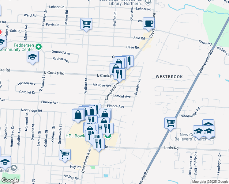 map of restaurants, bars, coffee shops, grocery stores, and more near 2095 Lamont Avenue in Columbus