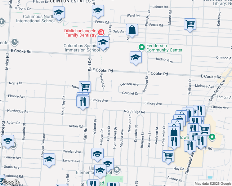 map of restaurants, bars, coffee shops, grocery stores, and more near 1546 Elmore Avenue in Columbus