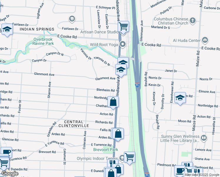 map of restaurants, bars, coffee shops, grocery stores, and more near 634 Northridge Road in Columbus