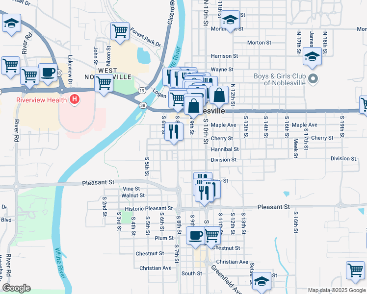 map of restaurants, bars, coffee shops, grocery stores, and more near 388 South 8th Street in Noblesville